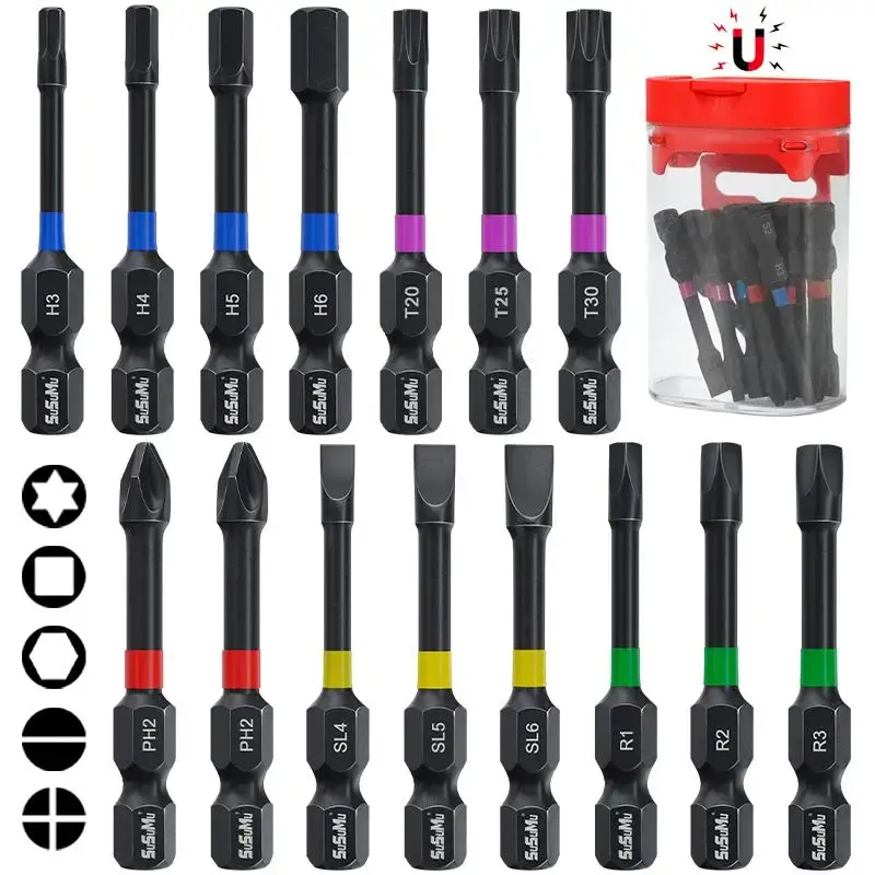Magnetic Anti Slip Screwdriver Bit Set, Magnetic Screwdriver Bit Set, Hex, Phillips, Torx, Slotted, Square, Phillips & Slotte...