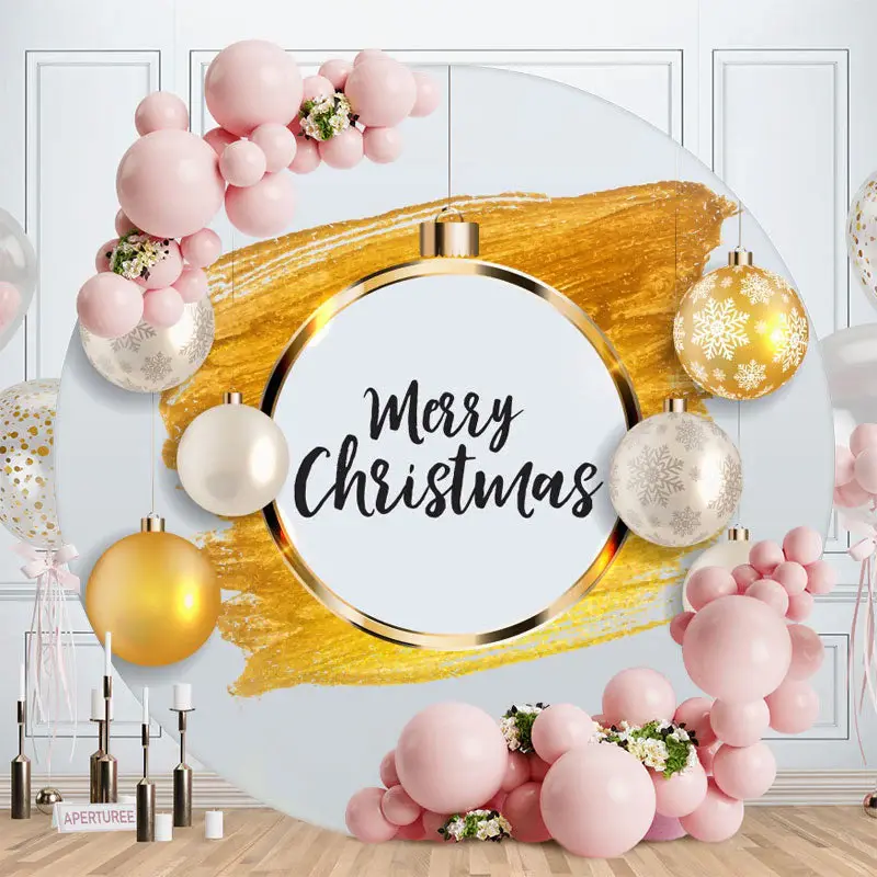 Gold And White Ball Round Merry Christmas Backdrop - Aperturee