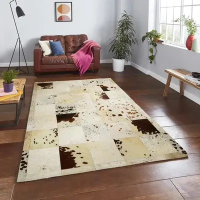 Beige Cowhide Rug with Brown Cow Print