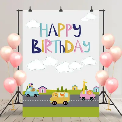 Animals Driving Road Town Grey Sky Birthday Backdrop