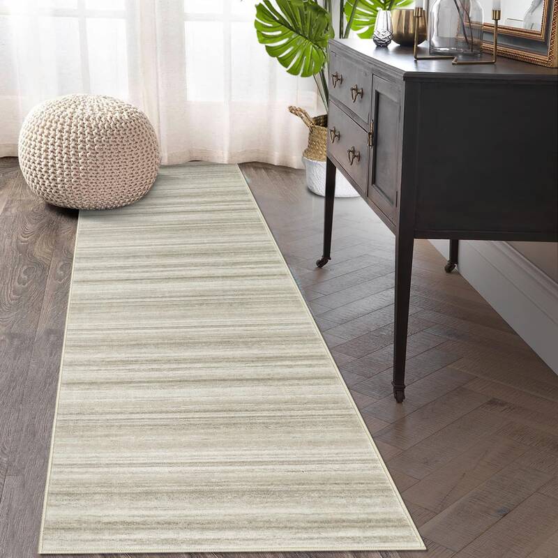 Garvee Runner Rug 2x6 Modern Striped Low Pile Soft Polyester Non-Skid Stain-Resistant Beige for Hallway Kitchen Laundry Room