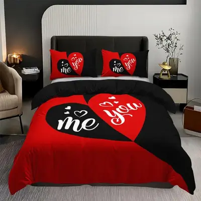 Heart & Letter Print Duvet Cover Set, 3pcs Decorative Cozy Corner Soft And Skin-friendly, Bedding Set For Bedroom