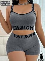 【Plus Size】 ' Love ' Letter Tape Wireless Bra & Boxer Briefs Set, Casual Fashion Comfy Breathable Cute Bra & Knicker Set ...
