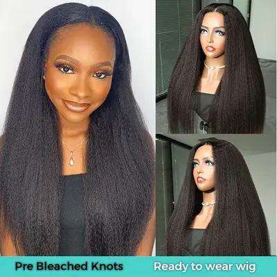 Ready To Wear Human Hair Wig Kinky Straight HD Transparent Lace Closure With Pre Bleach Knots