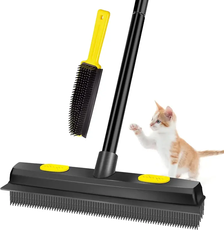 Pet Hair Removal Broom, Carpet Rake with Squeegee & Telescoping Handle