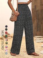 Women's Ditsy Floral Print Shirred Wide Leg Pants, Casual Boho Frill Trim High Waist Trousers for Spring & Fall, Women's Bott...