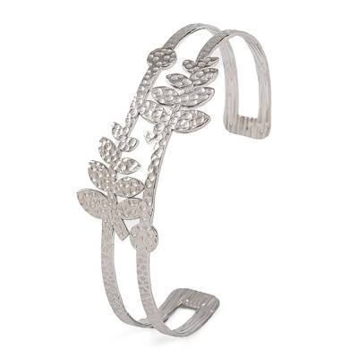 Non-Tarnish 304 Stainless Steel Hollow Leaf Open Cuff Bangles for Women
