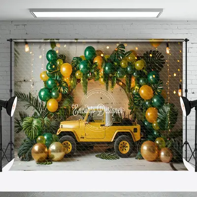 Green Gold Balloons Plant Car Cake Smash Backdrop - Aperturee