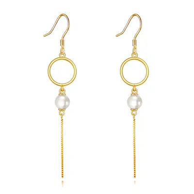 10K Gold Pearl Circle Drop Earrings