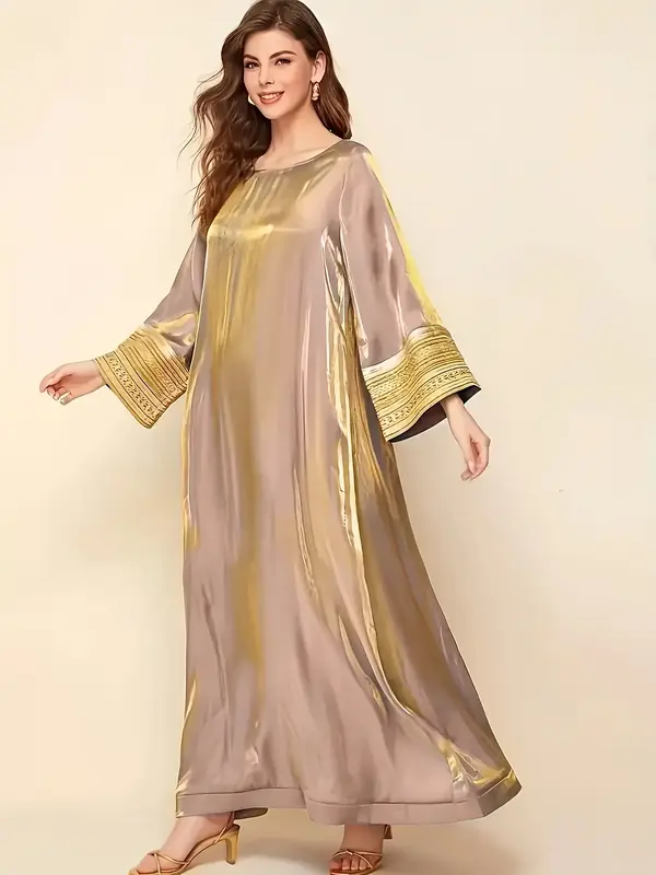 Elegant Long Sleeve Loose Fit Dress, Reflective Lace Decoration Round Neck Maxi Dress, Women's Fashion Clothing for Special O...