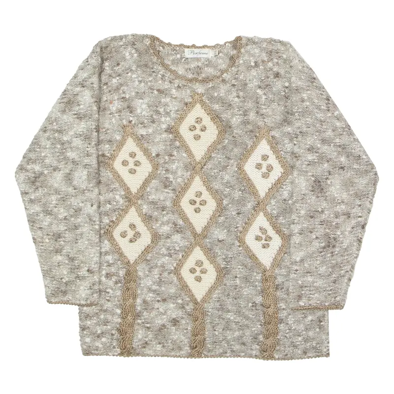 PERFUME Womens Patterned Jumper Grey Diamond 90s Chunky Knit ONE SIZE
