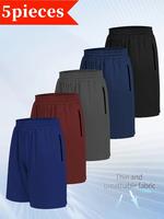 5 PIECE MEN'S QUICK DRY SPORTS SHORTS WITH ELASTIC DRAWL WAIST AND ZIP POCKETS - Moisture wicking stretch fabric in 5 solid c...