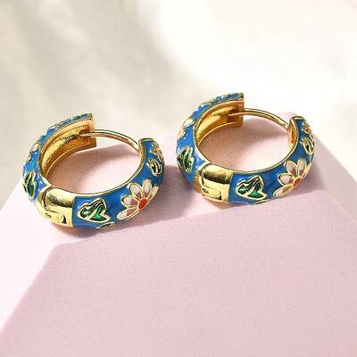 Flower Brass Enamel Hoop Earrings