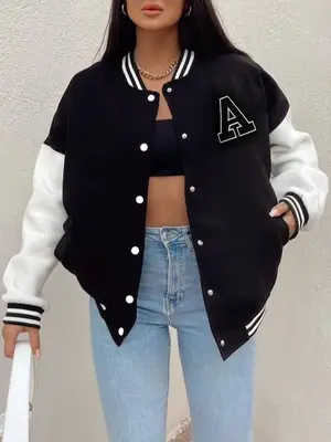 Women's Letter Patched Long Sleeve Collared Jacket, Jackets for Women, Sports Jacket, Lady Button Front Varsity Jacket, Prepp...