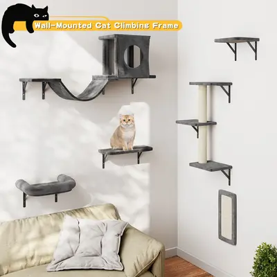 Cat Wall Shelves, 6 Pcs Luxury Wall-Mounted Cat Climber Set, Indoor Cat Furniture with 1 Cat Condos House, 2 Cat Wall Shelves...