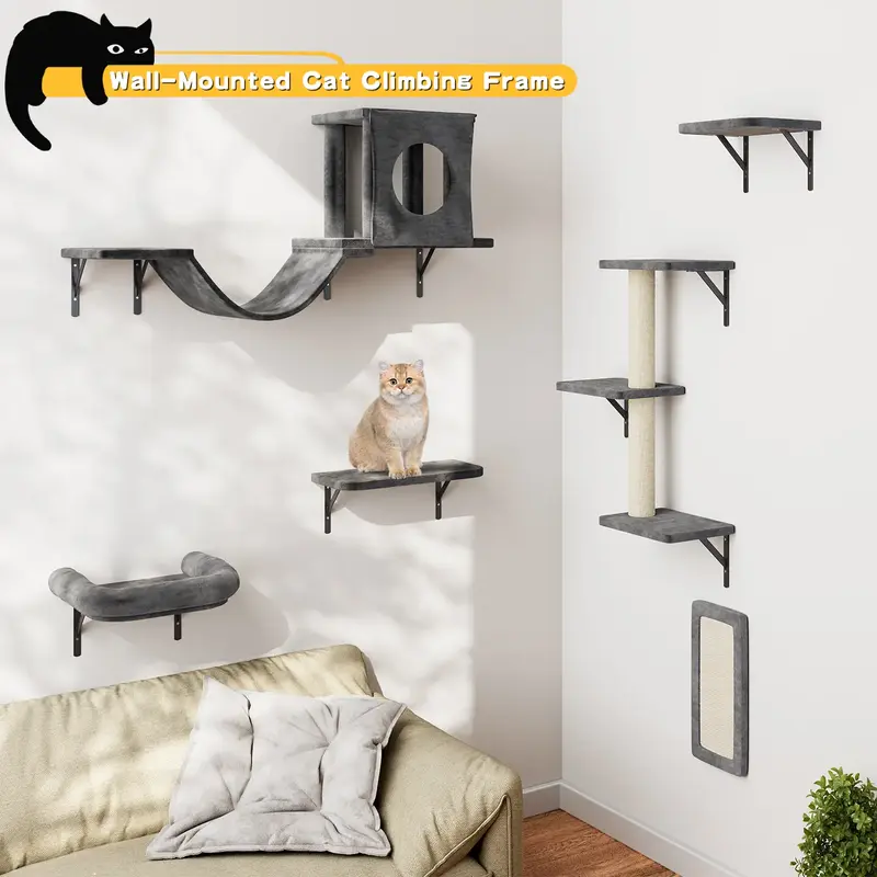 Cat Wall Shelves, 6 Pcs Luxury Wall-Mounted Cat Climber Set, Indoor Cat Furniture with 1 Cat Condos House, 2 Cat Wall Shelves...