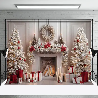 White Wall Gifts Trees Fireplace Christmas Backdrop - Aperturee