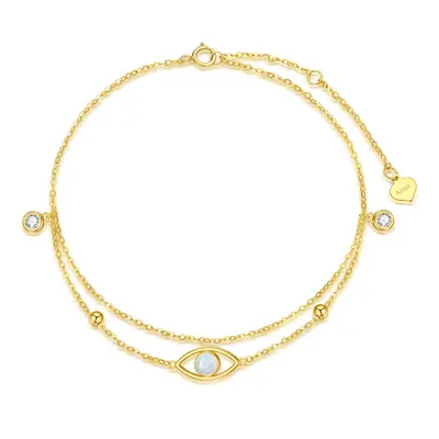 14K Gold Cubic Zirconia & Opal Bead & Evil Eye Multi-layered Charm Anklet