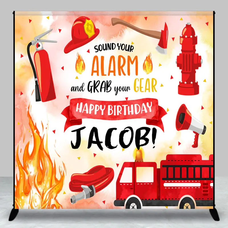 Aperturee Red Firefighting Custom Name Boy Birthday Backdrop - Aperturee