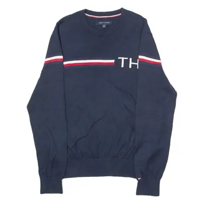 TOMMY HILFIGER Mens Jumper Blue Striped Crew Neck Tight Knit XS
