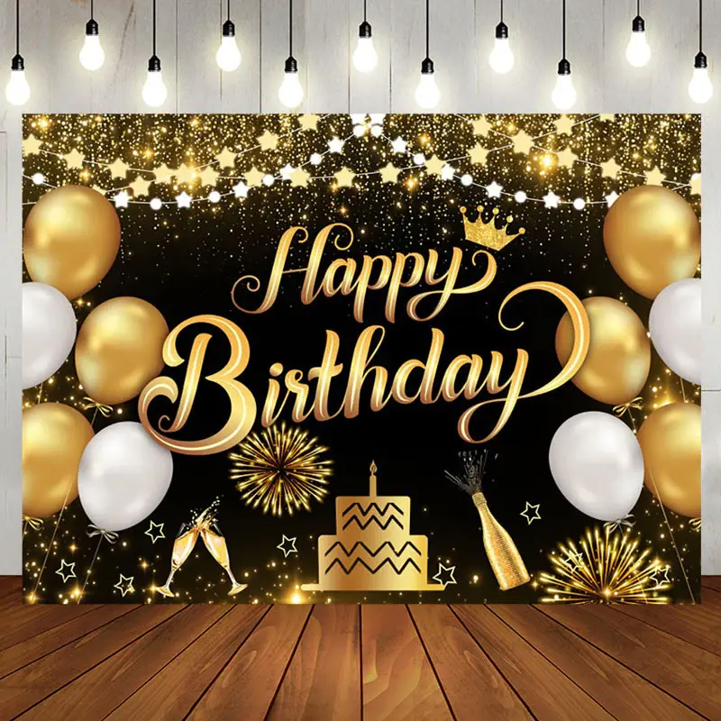 Aperturee Black Gold Balloons Cheers Birthday Party Backdrop, 5X3FT(1.5X1M), 15.07 USD, birthday backdrops, NYHD1I20-E