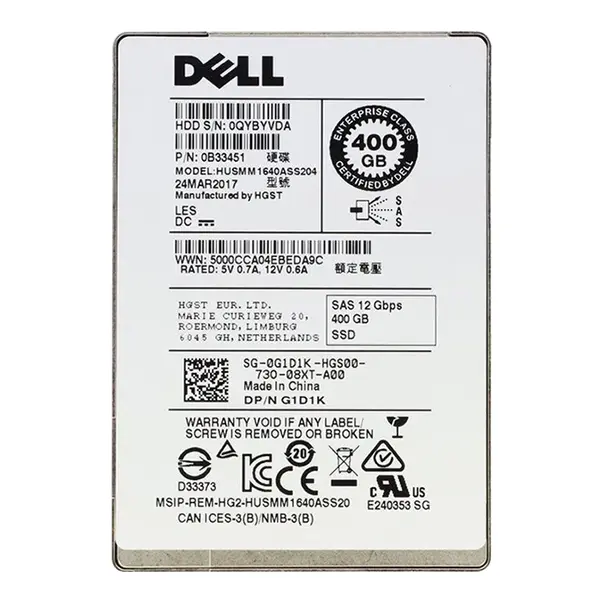 Dell G1D1K | 400GB 2.5-inch 12GB/s SAS Multi-Level Cell Write-Intensive (512n) Hot-Pluggable Solid State Drive for PowerEdge ...