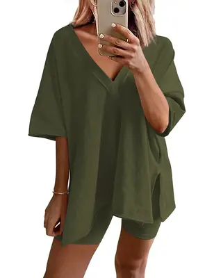 Summer Comfy Women's Loungewear 2 Piece Outfits Tshirt Oversized Short Sleeve Tracksuit Beach Cover Up Shorts Set S-XXL Casu...