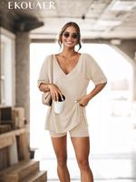 EKOUAER  Summer Comfy Women's Loungewear  2 Piece Outfits Tshirt Oversized Short Sleeve Tracksuit Beach Cover Up Shorts Set S...