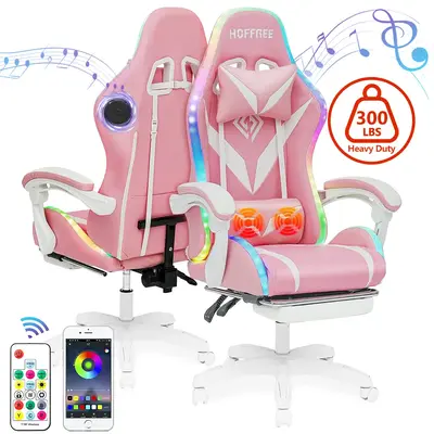Gaming Chair with Speakers PU Leather Office Chair with Footrest and LED Lights Ergonomic Gamer Chair with Massage Lumbar Sup...