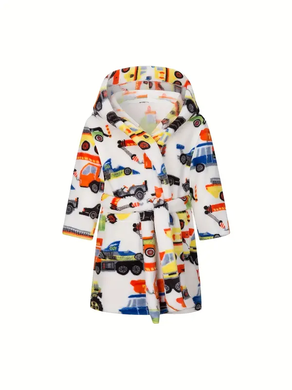 Kids Car Print Hooded Bath Robe - Soft Flannel Toddler Robe for Boys