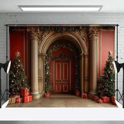 Gold Red Festive Luxury Arch Door Wall Xmas Backdrop - Aperturee