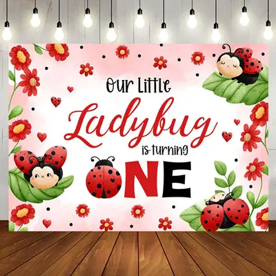 Red Ladybird Floral Leaves 1st Birthday Backdrop - Aperturee