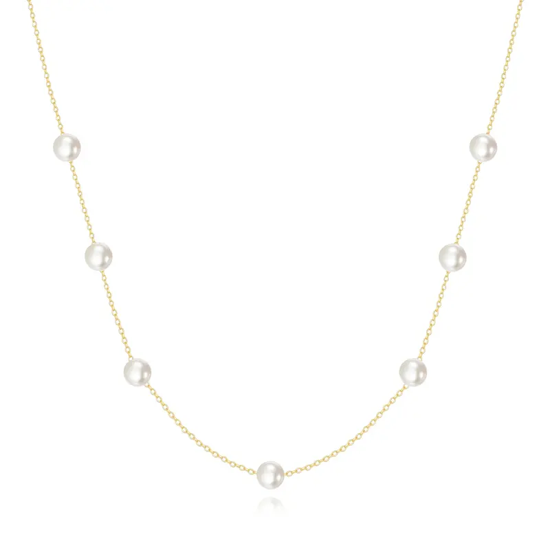 14K Gold Circular Pearl Bead Station Chain Necklace For Women Best Friends