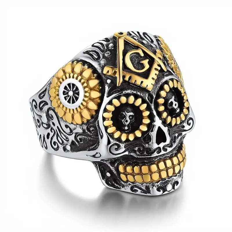 Sterling Silver Two-tone Freemason Signet Ring for Men