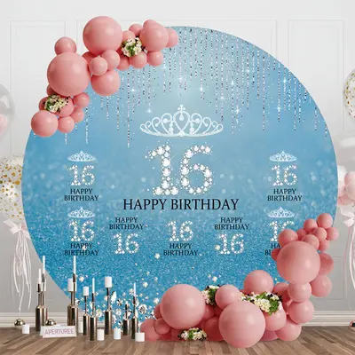 Blue Silver Sparkle Round 16th Birthday Backdrop - Aperturee