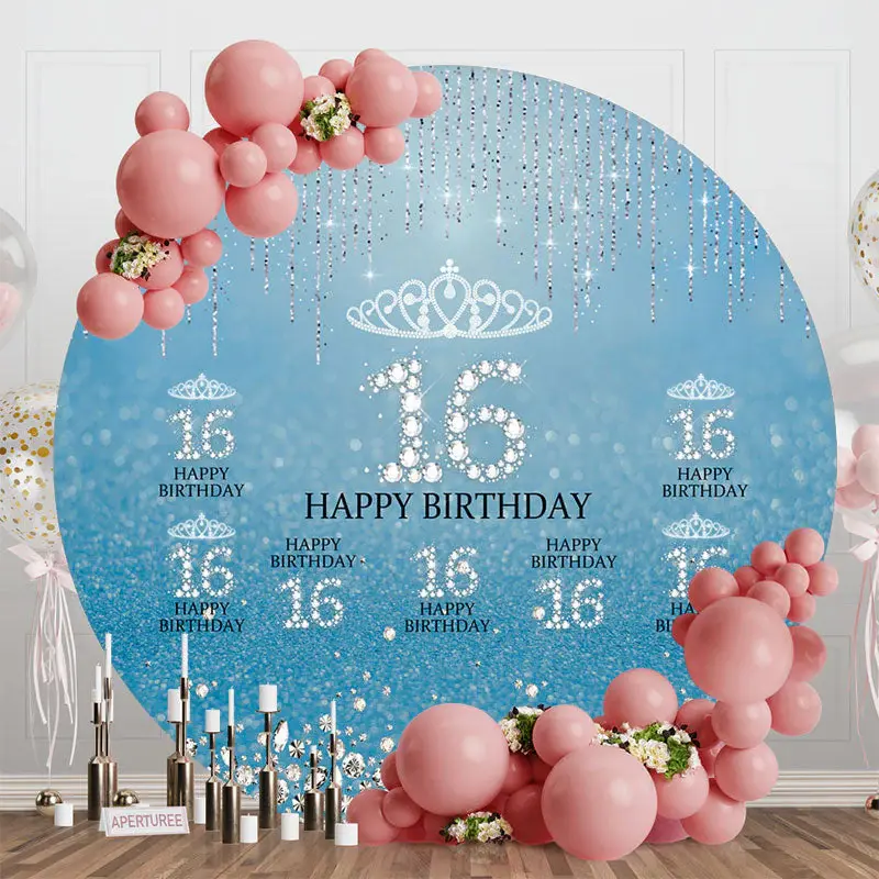 Blue Silver Sparkle Round 16th Birthday Backdrop - Aperturee