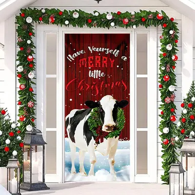 Red Wooden Wall Milk Cow Snowy Christmas Door Cover - Aperturee