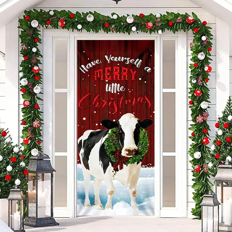 Red Wooden Wall Milk Cow Snowy Christmas Door Cover - Aperturee