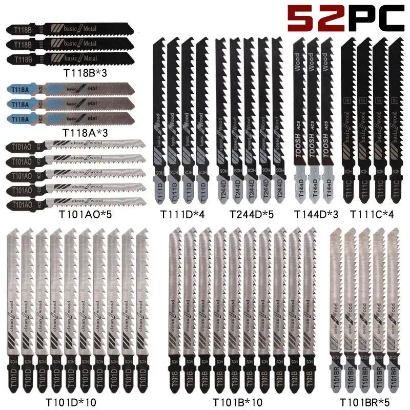 52Pcs Jigsaw Blades Set T-Shank High Carbon Steel Jig Saw Blades for Wood Plastic Metal Cutting Blade for DEWALT/Bosch/Metabo...