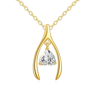 14K Yellow Gold Heart Cubic Zirconia Heart Pendant Necklace For Women