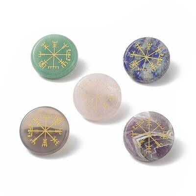 Natural Gemstone Flat Round with Norse Paganism Pattern Brooch Pin