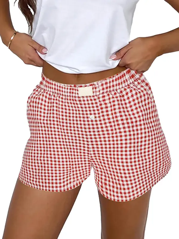 Women's Plaid Print Patched Decor Button Front Elastic Waist Shorts, Casual Comfy Straight Leg Shorts for Summer, Ladies Bott...