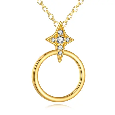 14K Gold Cubic Zirconia Circle & Star Pendant Necklace