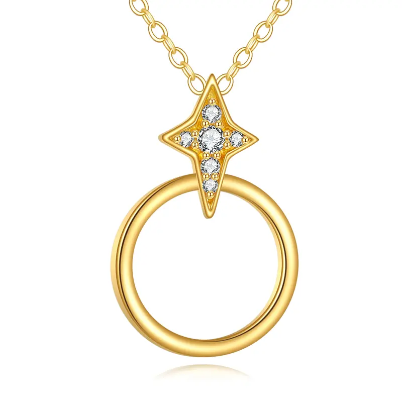 14K Gold Cubic Zirconia Circle & Star Pendant Necklace