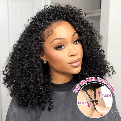 ă3 IN 1 Half WigăFORGIRL FOREVER Flip Over Wear Go Half Wig With Drawstring Invisible Hairline Kinky Curly Wear Go Gluele...