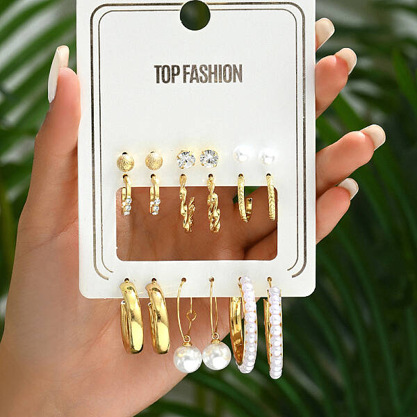 6 Pairs Geometric Metal Faux Pearl Earring Set for Women