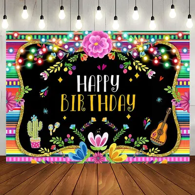 Floral Lights Cactus Guitar Leaves Birthday Backdrop - Aperturee