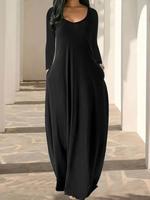 Women's Solid Color Pocket Lounge Dress, Basic Casual Comfy Long Sleeve Maxi Dress for Daily Wear, Ladies Sleepwear for All S...