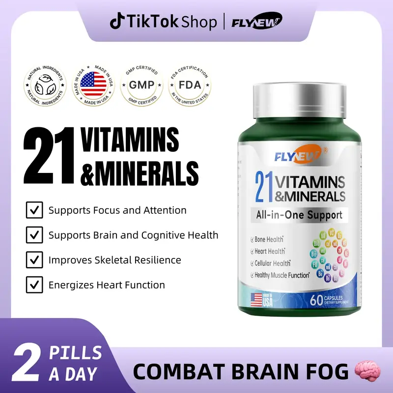 FLYNEW Vitamins & Minerals | Brain Fog Against | 21 All-in-One Support | Highly Potent Herbal Ingredients  | Made in USA | 60...