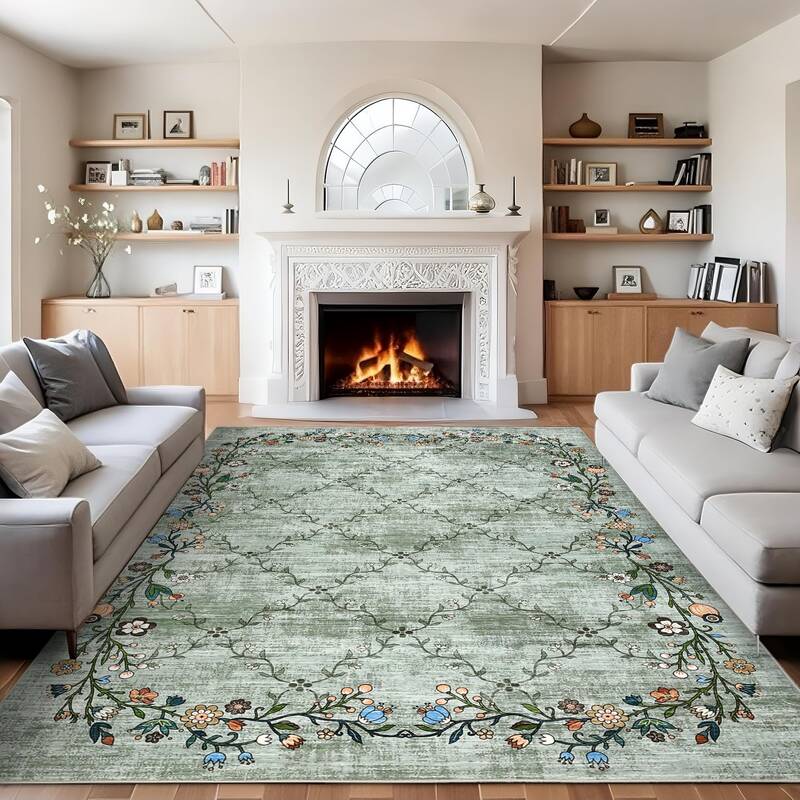 Garvee Floral Grey-Green 8x10 Washable Area Rugs for Living Room: Modern Floral Non Slip Large Area Rugs for Bedroom, Large M...